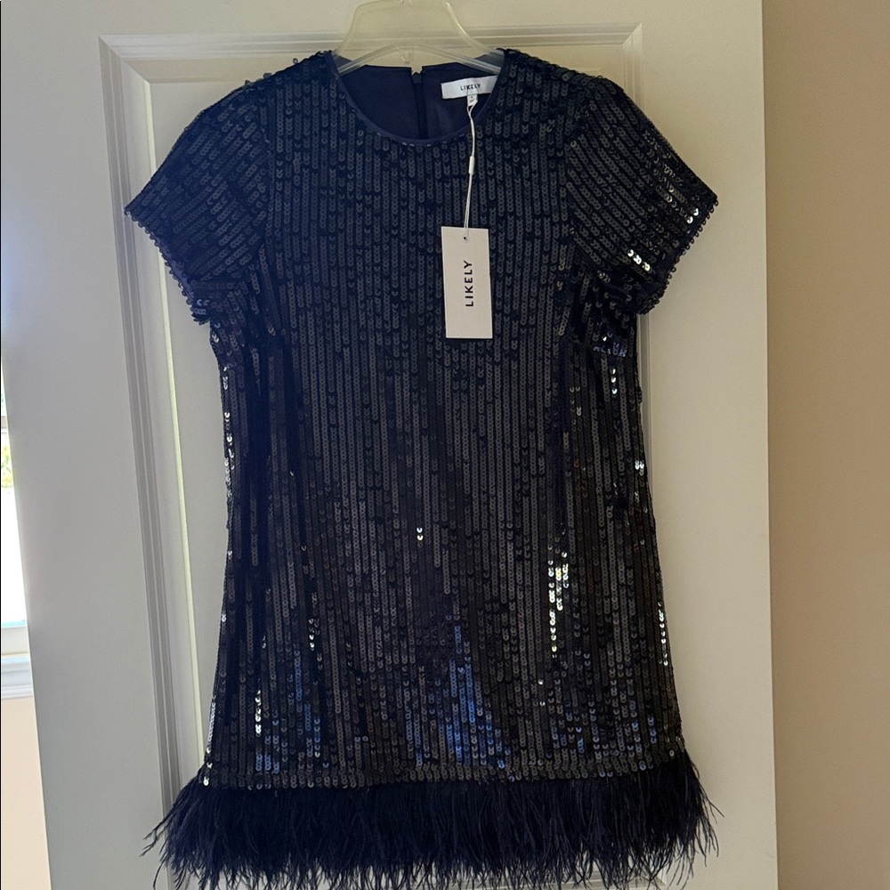 Lively Dark Navy Sequin Feathered Mini Dress